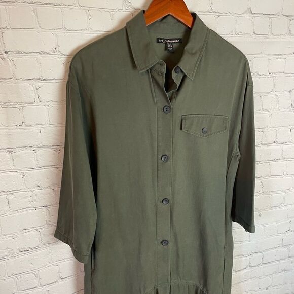 ZARA Trafaluc TRF Olive Khaki Oversized Shirt Dress w/ Frill Ruffle M - Picture 5 of 13